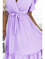 455-3 Šaty CORNELIA s volánom, výstrihom a viazaním - WRZOSH