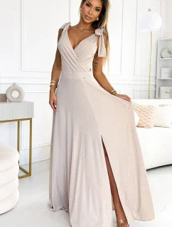 405-6 ELENA Dlhé šaty s výstrihom a viazaním na ramenách - béžové s brokátom