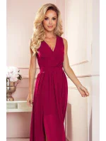 JUSTINE - Dlhé dámske šaty v bordovej farbe s výstrihom a zaväzovaním 362-5