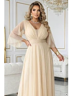 654-2 Dlhé trblietavé plus size šaty s výstrihom a priehľadnými rukávmi - šampanská béžová 654-2 Dlhé trblietavé plus size šaty s výstrihom a priehľadnými rukávmi - šampanská béžová