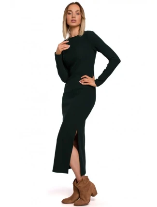 Dámske šaty s rázporkom na boku M544 Tmavo zelená - MOE Dámske šaty s rázporkom na boku M544 Tmavo zelená - MOE