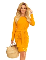 Dámske šaty v horčicovej farbe so širokým pásikom pre zaväzovanie 209-8