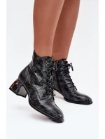 Lakierowane Botki Damskie Z Naturalnej Skóry Na Obcasie Z Kryształkami Artiker 57C0132 Szare