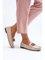 Skórzane Mokasyny Damskie Z Ozdobą Laura Messi 2761 Jasnobeżowe