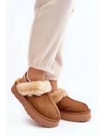 Skórzane Zamszowe Kapcie Damskie Na Platformie Z Futerkiem Camel Sophienne