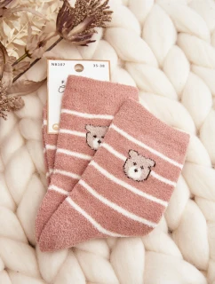Damskie Ciepłe Skarpety W Paski Z Misiem Różowe