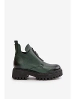Zazoo 60451 Damskie Skórzane Botki Z Ozdobą Ciemnozielone