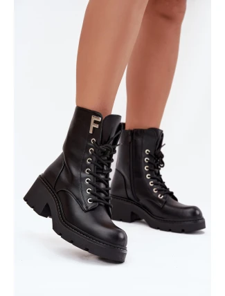 Botki Workery Damskie Na Klocku Ocieplane Z Literą F Czarne Lurina