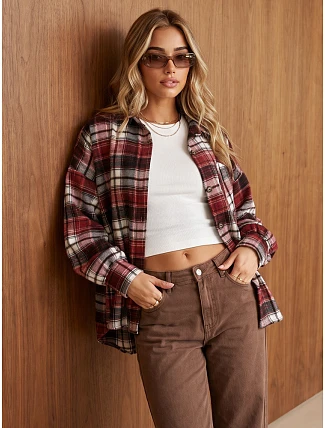 Dámska oversize flanelová košeľa s kockovaným vzorom v bordovej farbe FashionStreet DY0502
