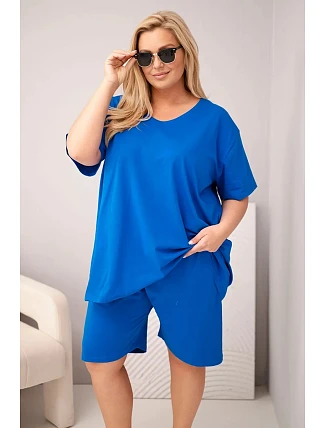 Dámska bavlnená súprava nadmernej veľkosti s blúzkou a šortkami Cornflower Blue Dámska bavlnená súprava nadmernej veľkosti s blúzkou a šortkami Cornflower Blue