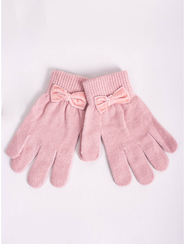 Yoclub Dievčenské päťprsté rukavice s mašľou RED-0010G-AA5B-002 Pink