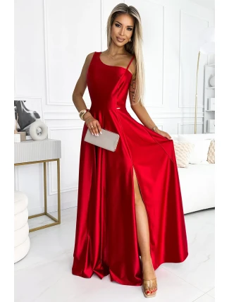 524-1 Dlhé elegantné saténové šaty na jedno rameno - ČERVENÉ 524-1 Dlhé elegantné saténové šaty na jedno rameno - ČERVENÉ