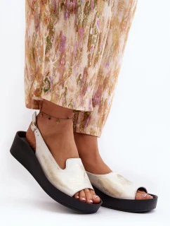 Zazoo 2893 Sandały Damskie Skórzane na Grubej Podeszwie Złoty Przecierany