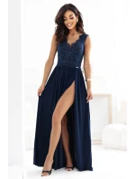 215-6 LEA dlhé elegantné maxi šaty s čipkovaným vrchom a rozparkom na nohách - tmavomodré