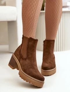 Botki Damskie Ocieplane Na Słupku Eko Zamszowe Brązowe Irissinae