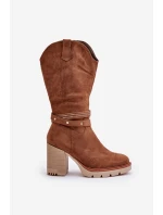 Kozaki Damskie Do Połowy Łydki Na Słupku Ocieplane Camel Ivanelis