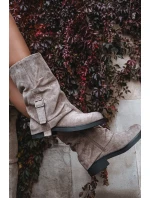 Kozaki Damskie Z Wywiniętą Cholewką Do Połowy Łydki Z Klamrą Khaki Minelle