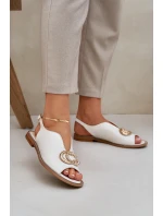 Skórzane Sandały Na Płaskim Obcasie Z Ozdobą Laura Messi 2865 Jasnobeżowe