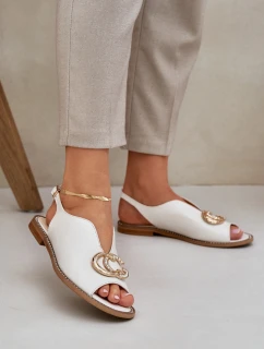 Skórzane Sandały Na Płaskim Obcasie Z Ozdobą Laura Messi 2865 Jasnobeżowe