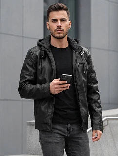 Pánska kožená zateplená bunda s kapucňou, čierna, FashionStreet TX5149