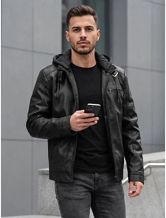 Pánska kožená zateplená bunda s kapucňou, čierna, FashionStreet TX5149 Pánska kožená zateplená bunda s kapucňou, čierna, FashionStreet TX5149