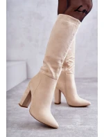 Klasyczne Zamszowe Kozaki Na Obcasie Beżowe Tressa