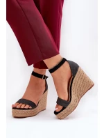 Sandały Damskie Na Koturnie Z Plecionką Czarne Adelio