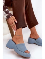 Materiałowe Klapki Damskie Na Platformie I Koturnie Jeansowe Afisal
