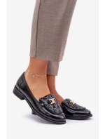 Skórzane Lakierowane Mokasyny Ze Złotą Ozdobą Laura Messi 2927 Czarne