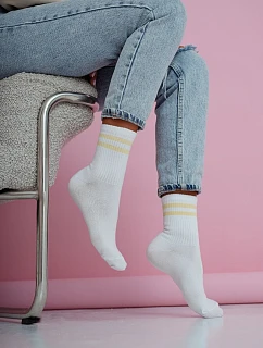 Dámské ponožky Dva tenké pruhy Bílá-žluté