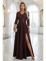 309-14 AMBER elegantné dlhé čipkované šaty s výstrihom - čokoládové 309-14 AMBER elegantné dlhé čipkované šaty s výstrihom - čokoládové