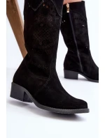 Zazoo 4043 Zamszowe Kozaki Na Niskim Obcasie Ażurowe Czarne