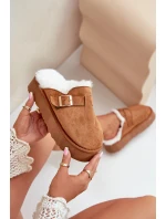 Kapcie Damskie Na Grubej Podeszwie Z Futerkiem I Klamrą Camel Linneola