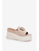 Klapki Na Platformie I Koturnie Z Ozdobą Beżowe Tanonea