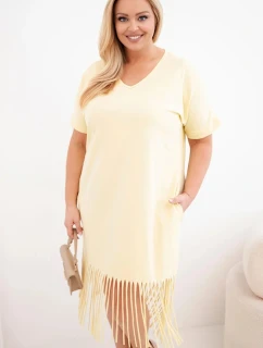 Plus veľkosť Dámske bavlnené V-neck strapce šaty žltá