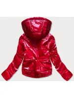 Lesklá červená prešívaná dámska bunda s kapucňou (B9560)