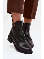 Ocieplane Skórzane Botki Damskie Z Ozdobnym Detalem Czarne Briselda