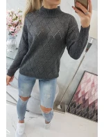 Sveter s polovičným rolákom a kosoštvorcovým vzorom grafitový