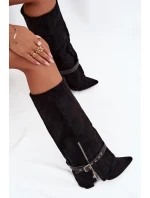 Kozaki Damskie Wsuwane Na Słupku Z Ozdobnym Paskiem Czarne Jolivine