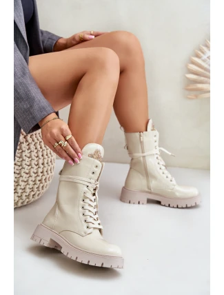 Lakierowane Ocieplane Botki Workery Z Ozdobą Beżowe Kelilea