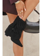 Botki Damskie Na Słupku Z Frędzlami I Złotymi Klamrami Czarne Evelisse