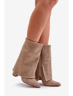 Zdobione Błyszczące Botki Z Wywiniętą Cholewką Na Słupku Ocieplane Beżowe Xistaria