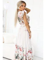 609-1 Saténové maxi šaty s kvetinovým ombre výstrihom - boho elegancia