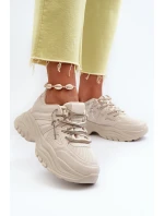 Sneakersy Damskie Na Masywnej Podeszwie Z Ozdobnym Sznurowaniem Beżowe Relissa