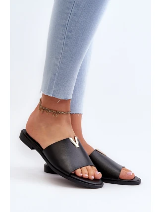 Klapki Damskie Eko Skórzane Na Płaskim Obcasie Czarne Maliha