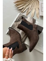 Skórzane Zamszowe Botki Damskie Na Słupku Ocieplane Artiker 57C0047 Brązowe