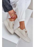Damskie Skórzane Sneakersy Na Platformie Z Ozdobami CheBello 4292 Jasnobeżowe