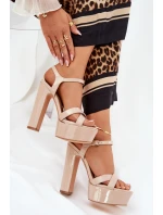 Sandały Damskie Na Wysokim Słupku I Platformie Lakierowane Beżowe Jovenes