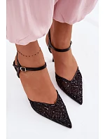 Dámské síťované sandály na podpatku s lesklým zdobením Černé Laria