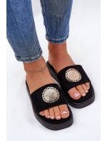 Klapki Damskie Ze Złotą Ozdobą Czarne Kaliora